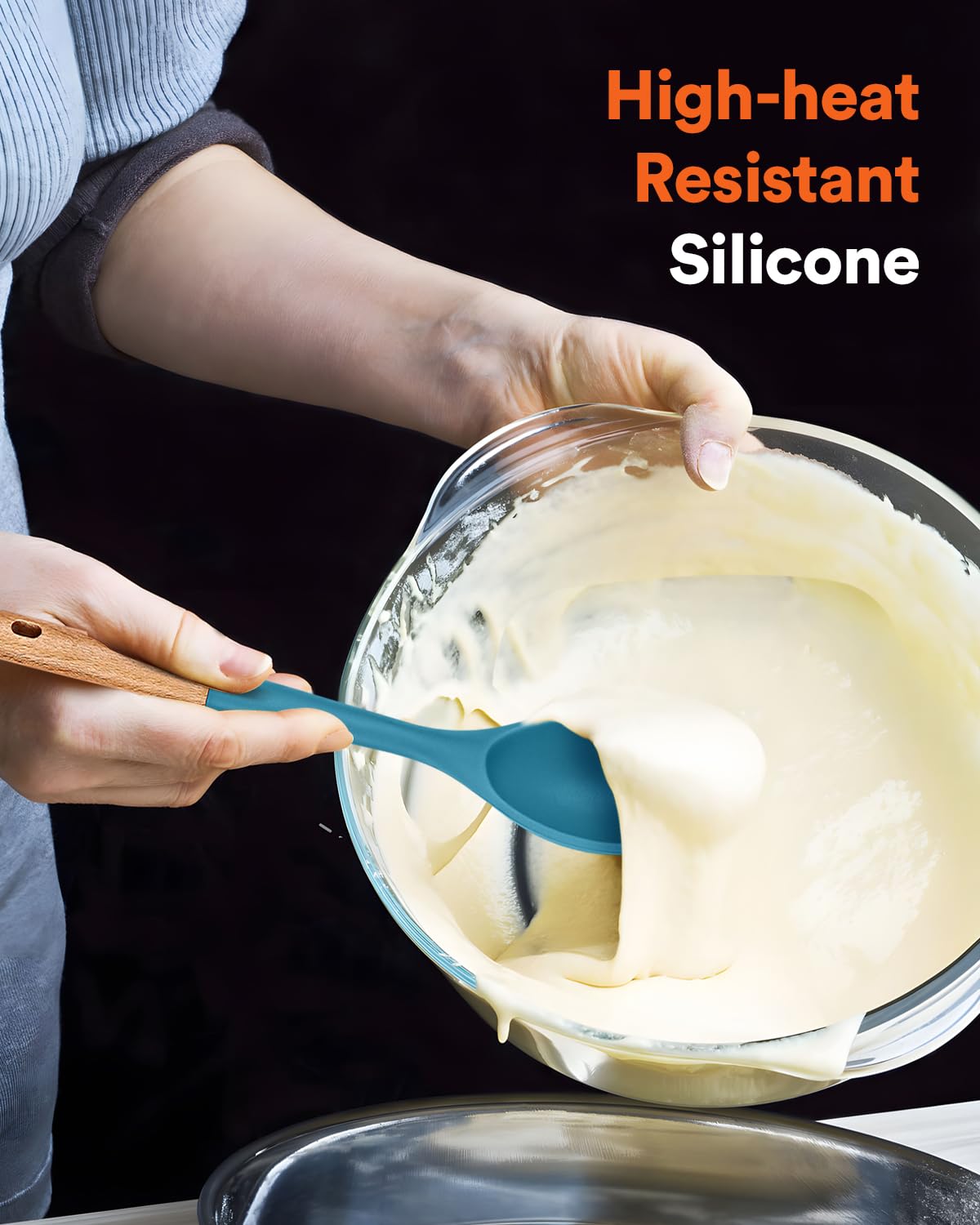 Badiano Cucharas de cocina grandes de silicona, mango de madera maciza antiadherente, 13.2 pulgadas | Cucharas de cocina de silicona de grado alimenticio resistentes al calor para cocinar, servir, untar y mezclar