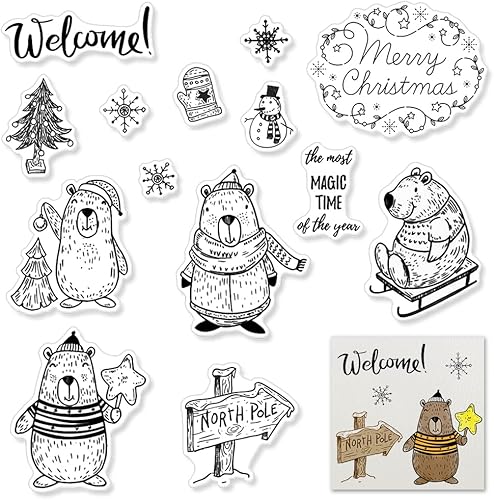 Sellos transparentes con temática navideña, tarjetas de sello de silicona, árbol de Navidad, poste norte, oso de invierno, de silicona, para hacer