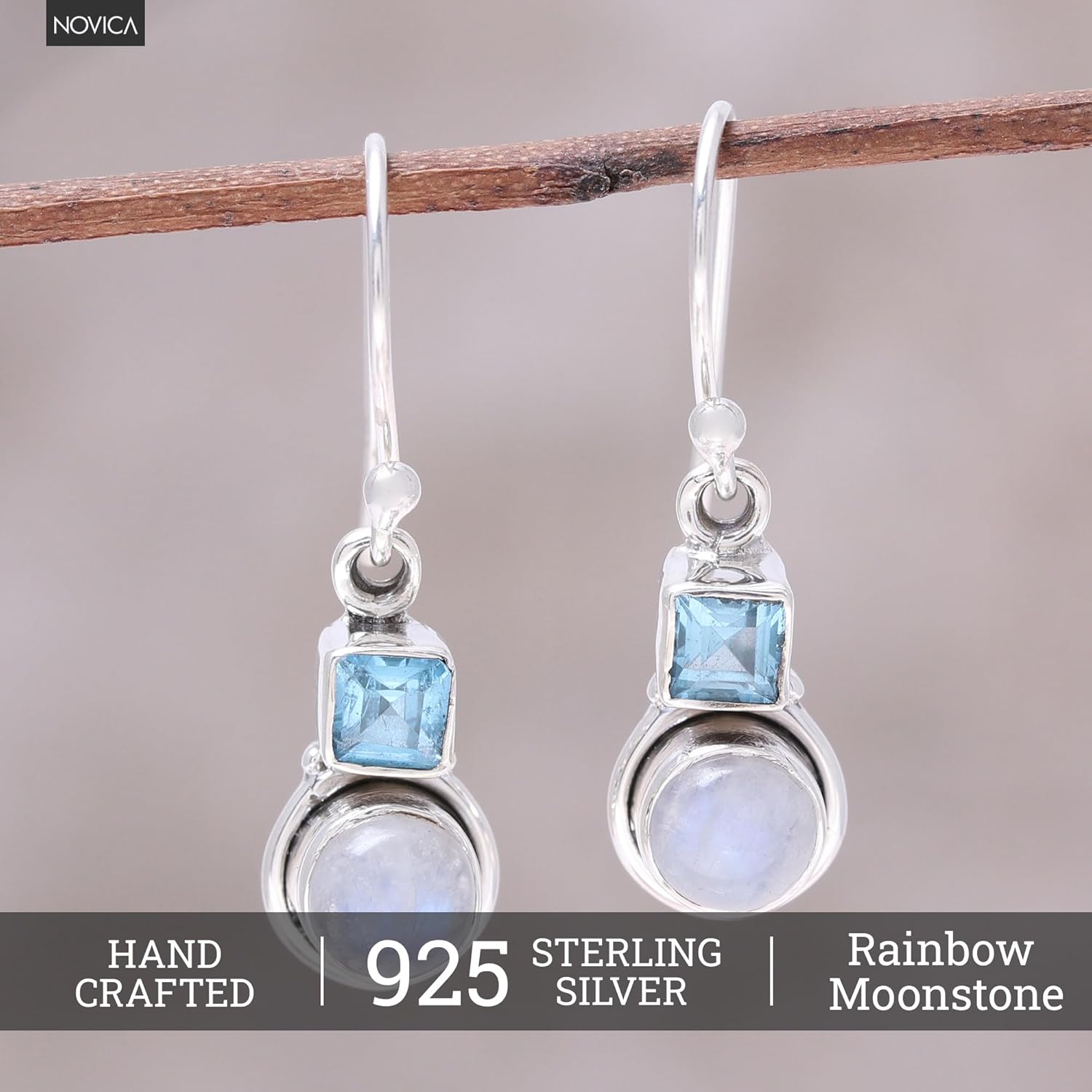 NOVICA Handmade .925 Sterling Silver Garnet Dangle Earrings Square Circular from India Gemstone [1.1 in L x 0.3 in W x 0.2 in D] - Image 2