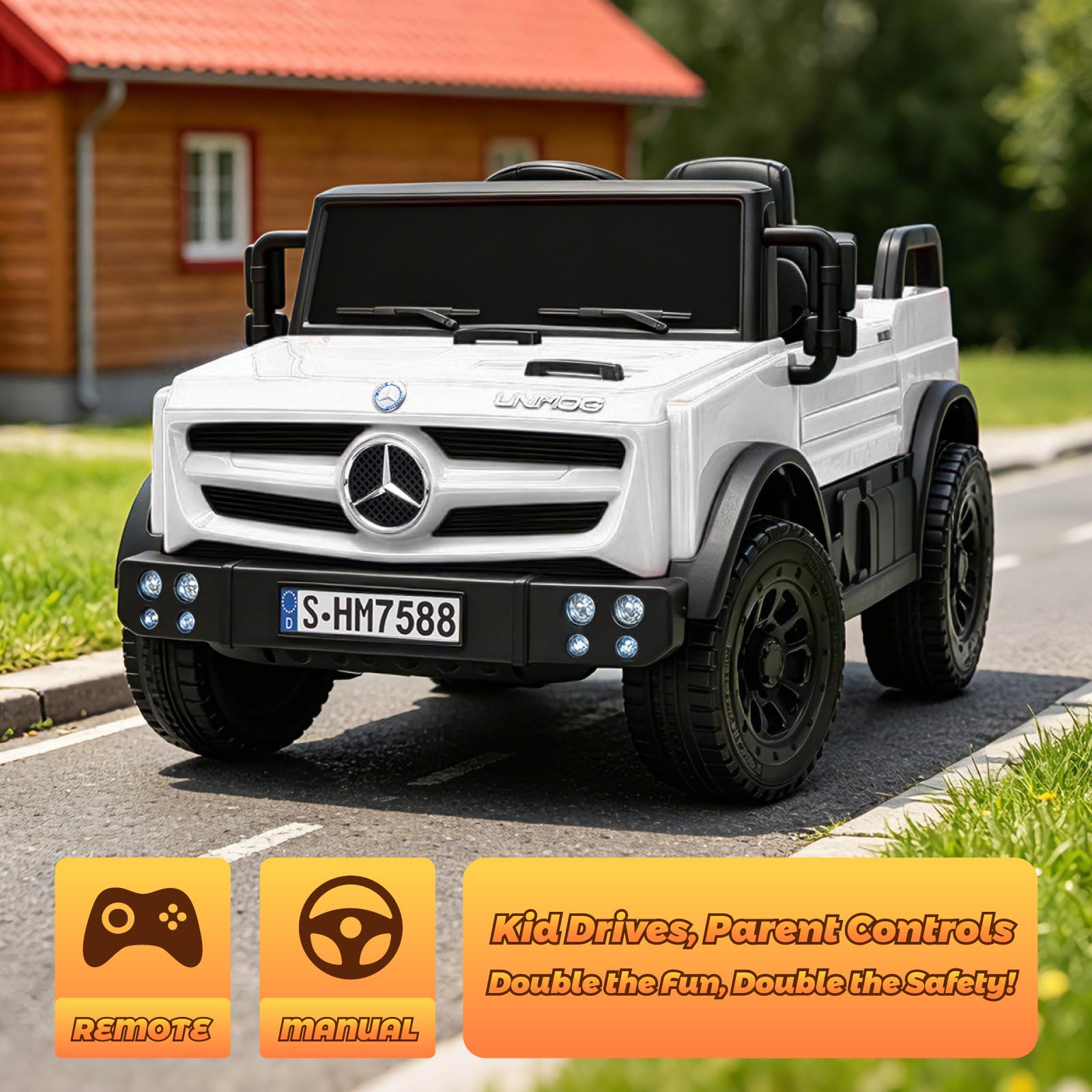 TCARAIWEN Macchina Elettrica per Bambini Mercedes-Benz Unimog Licenza, 12V Auto Elettrica Bambini 3-6 Anni, Veicolo con Telecomando, Cintura a 3 Punti, Bluetooth, 5 km/h (Bianco)