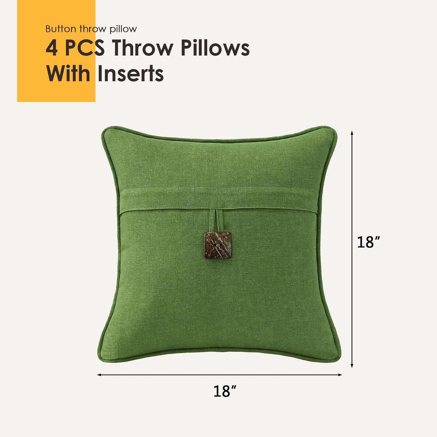Outdoor Decorative Pillows with Coconut Button Pack of 4, 18" x 18" Outdoor Pillow Set for Couch Bed Throw Patio Sofa, Grass Green - Image 5