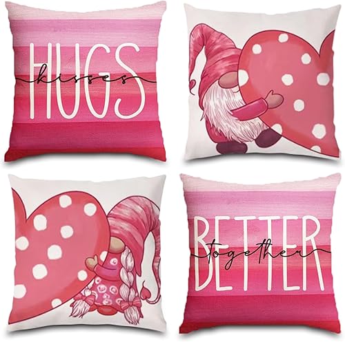 BKHEY Juego de 4 fundas de almohada para el día de San Valentín de 18 x 18 pulgadas, diseño de enanos rosados, corazones, amor, abrazos, besos, para