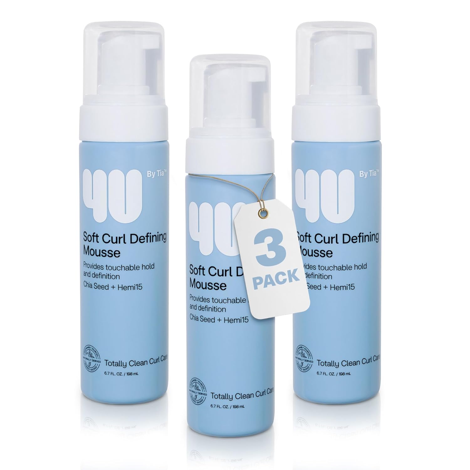 4U by Tia Soft Curl Mousse For Curly Hair - 3A-4C Hair Foam Formulated with Chia Seed, Acai Oil and Hemi15 to deliver soft, frizz-free, volumized curls with all-day shine and hold (Value Pack of 3)