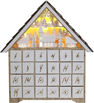 PIONEER-EFFORT Wooden Advent Calendar House with 24 Drawers and Led Lights, Village and Forrest Scene Countdown to Christmas Reusable Decoration 16.3 x 2.9 x 17.7 Inches