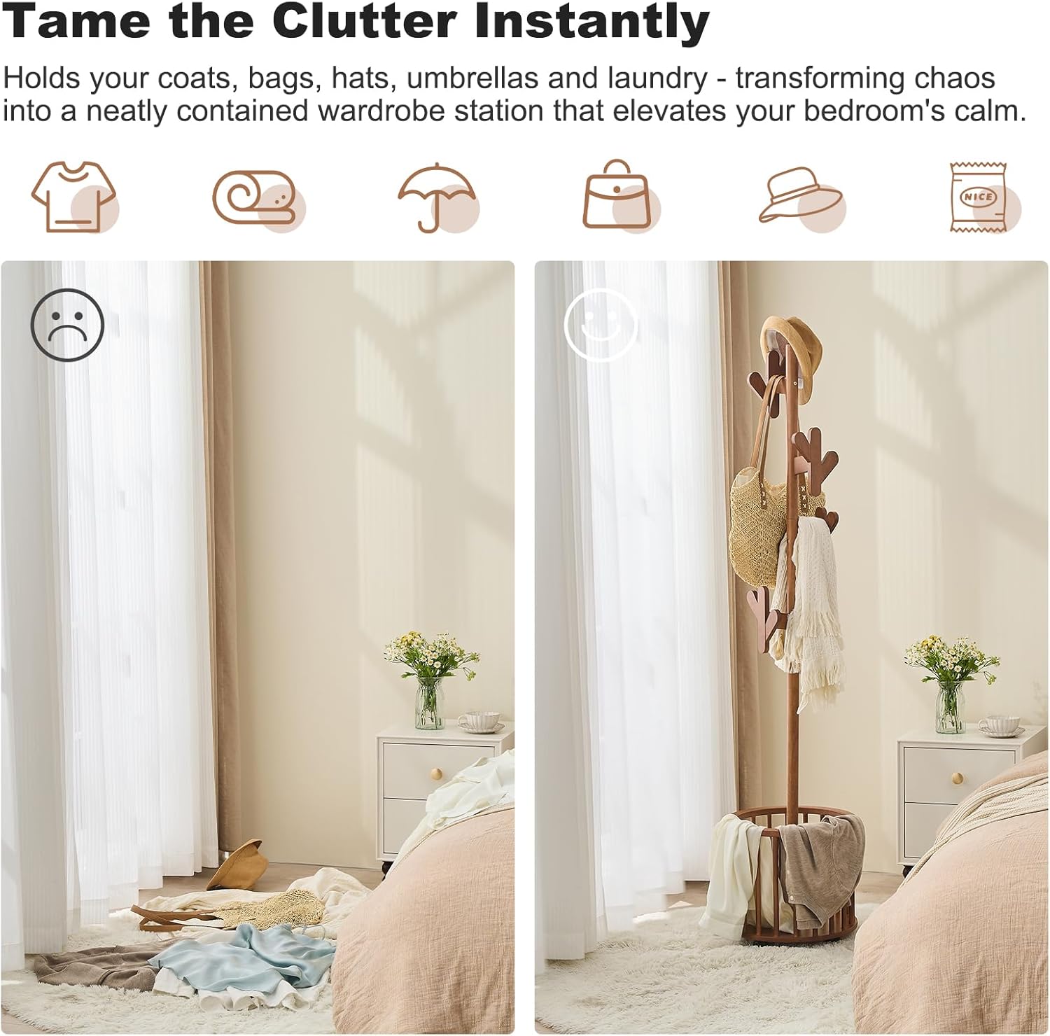 Wood Coat Rack Freestanding - Wooden Coat Tree Hat Rack with 12 Hooks, Clothes Coats Hanger Stand Rolling Racks with Umbrella Holder Wheels for Bedroom Entryway Hallway Livingroom (Walnut)