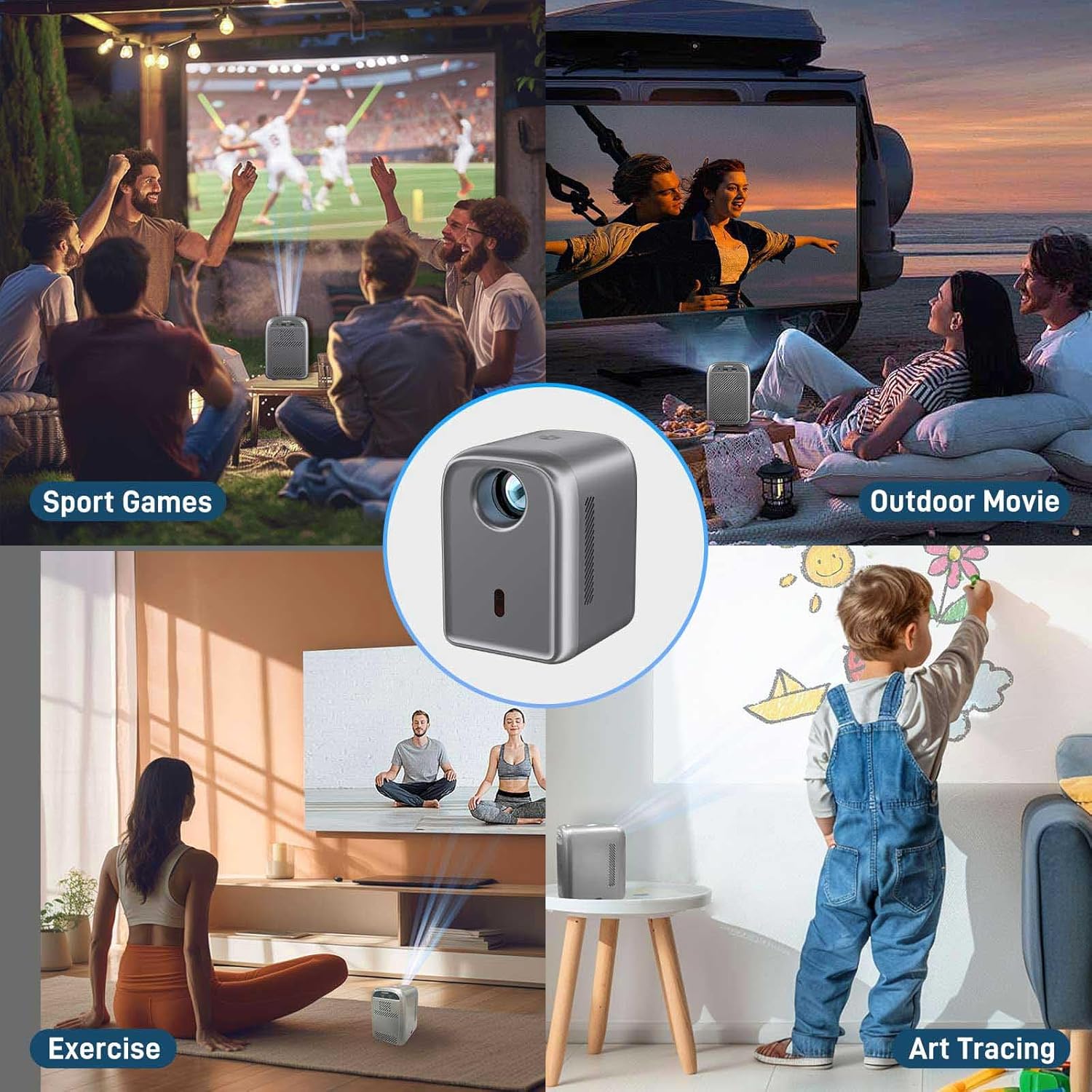 Collage showing the OSENOUS Mini Portable Projector being used for sport games, outdoor movies, exercise, and art tracing.
