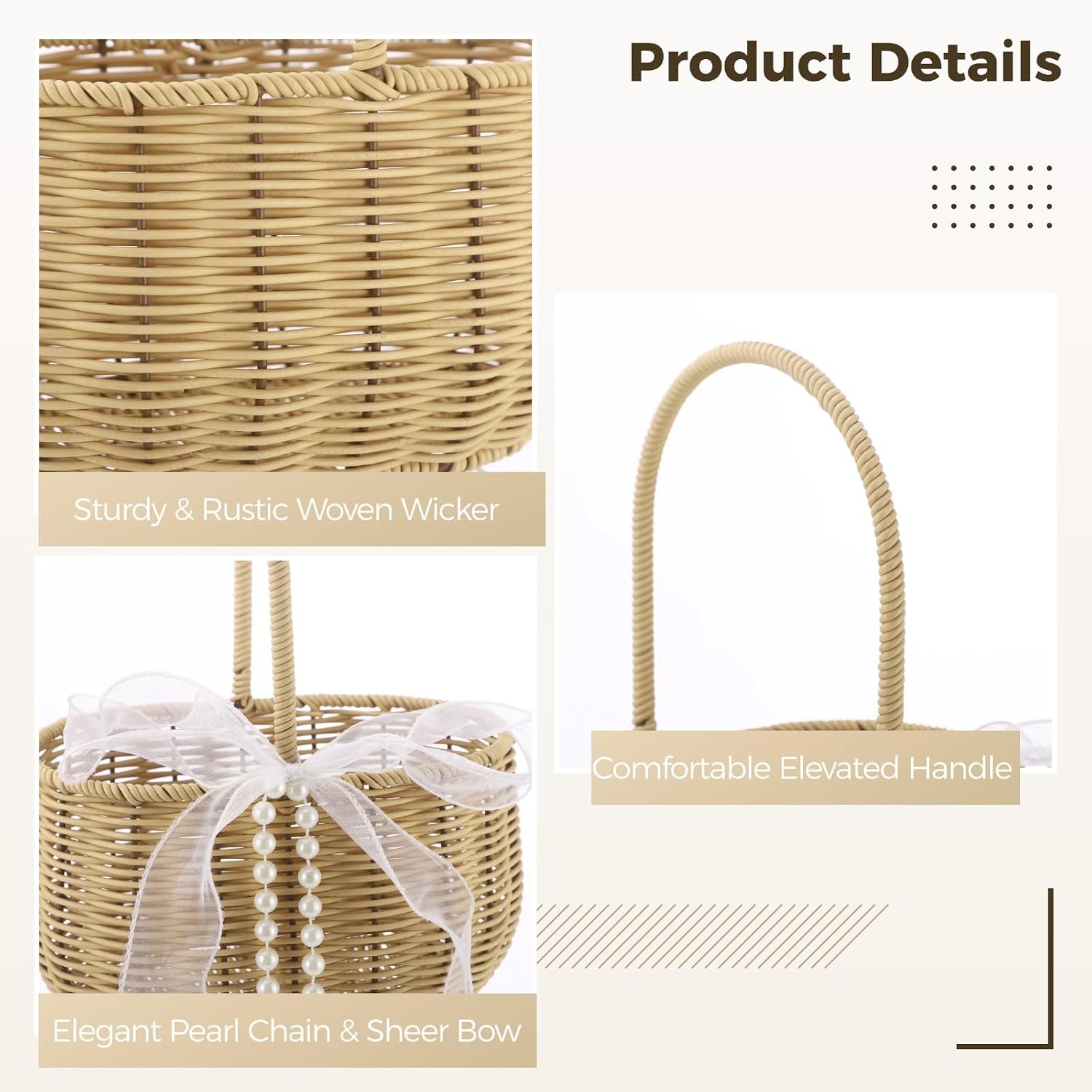 2 Pcs Wicker Flower Baskets, Woven Rattan Wedding Baskets with Pearl Chain and Sheer Bow, Rustic Oval Wicker Petal Holders for Ceremony Aisle, Bridal Shower, Easter Party