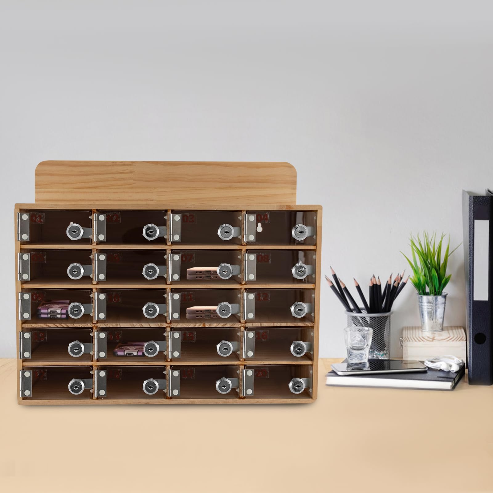ZeStarDair 20 Slots Cell Phone Locker Box Acrylic & Wood Cell Phone Storage Locker with Door Locks and Keys Wall-Mounted Cell Phones Pocket Locker for Office School Classroom