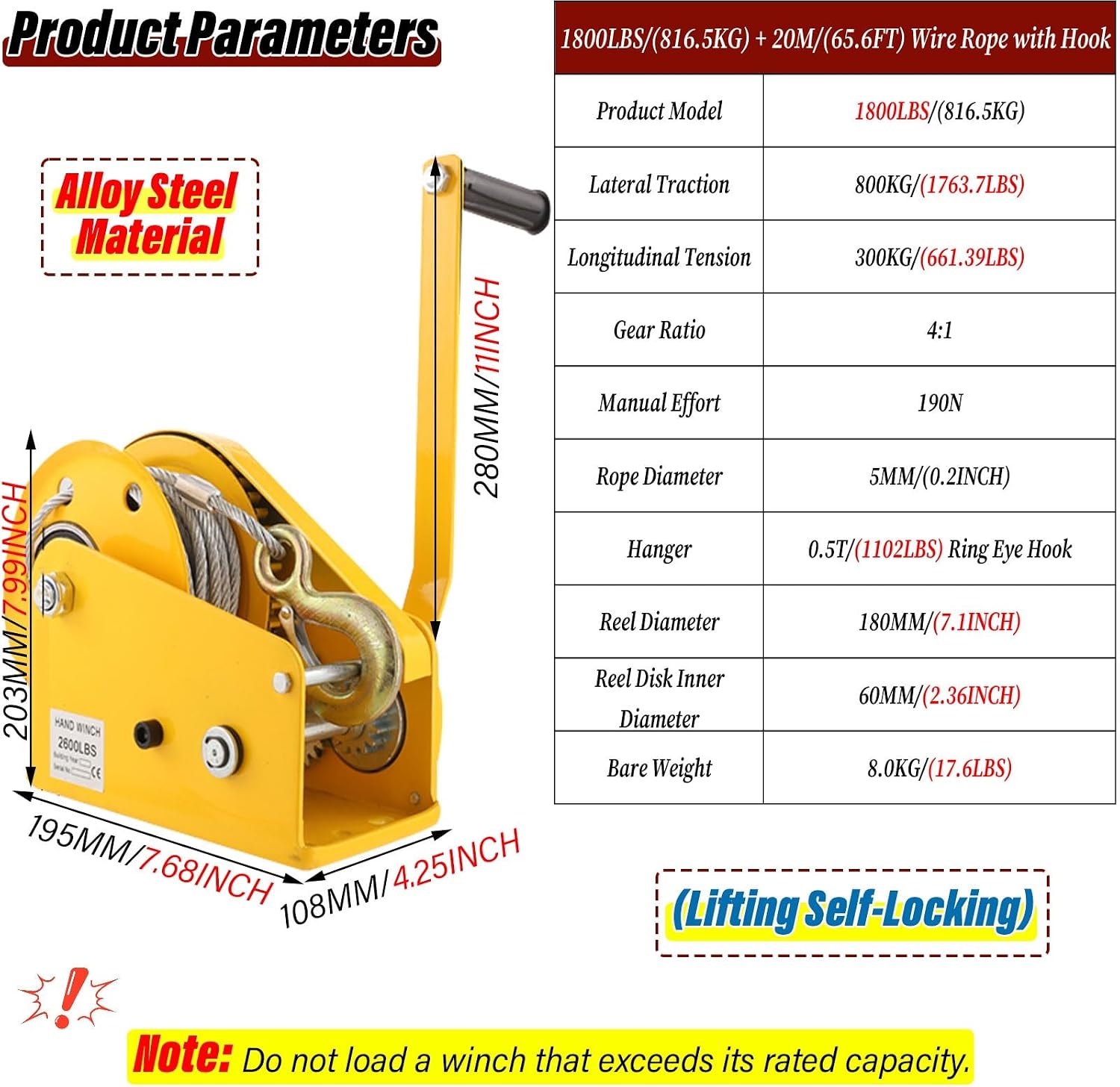 2-Way Ratchet 4:1/8:1 Gear Portable Hand Crank Trailer Towing, Heavy Duty Boat Trailer Winch with Brake Hook/ Cable Winch Puller for Truck ATV Marine, Lifting Self-locking ( Color : Yellow , Size : 18
