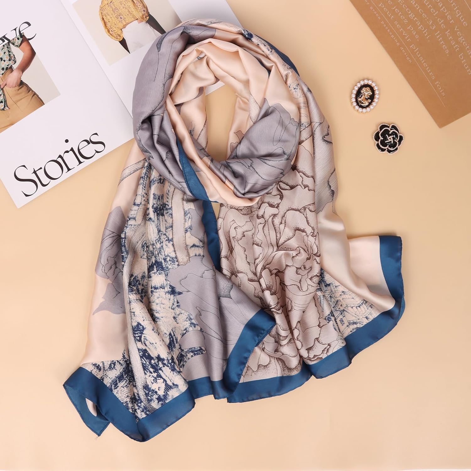 Bestshe Silk Feeling Long Scarf Fashion Floral Large Scarf Satin Shawl Wraps for Women with Gift Packed - Image 2