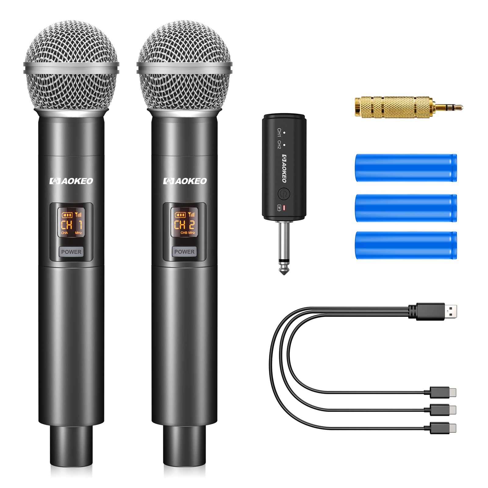 Aokeo Wireless Microphone Only for Mic Input, UHF Metal Dynamic Handheld Multipurpose Mic with Rechargeable Receiver (Work 4hs), 160ft Range, for Karaoke Machine, Amplifier Speaker, Mixer, Church
