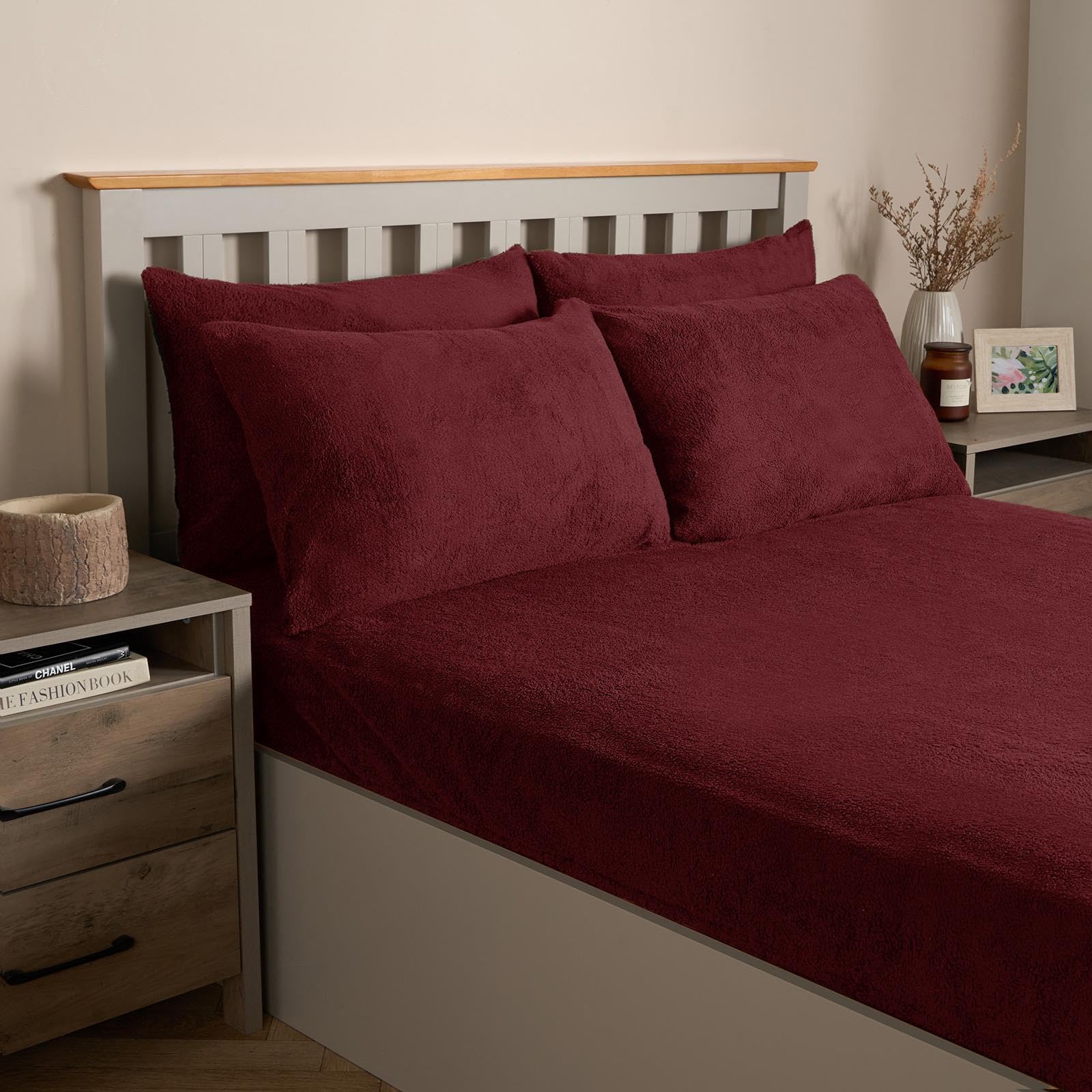 OHS 2 Pack Teddy Fleece Pillowcases, Winter Warm Cosy Soft Teddy Pillowcases Fluffy Fleece Hotel Quality Thermal Pillowcases Luxury Bedding, Burgundy
