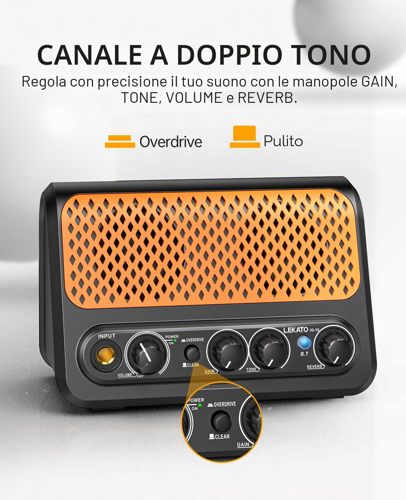 Mini Amplificatore per Chitarra,LEKATO 10W Amplificatore per Chitarra Elettrica Portatile con Canale Clean & Overdrive, Riverbero, e Connettività Bluetooth