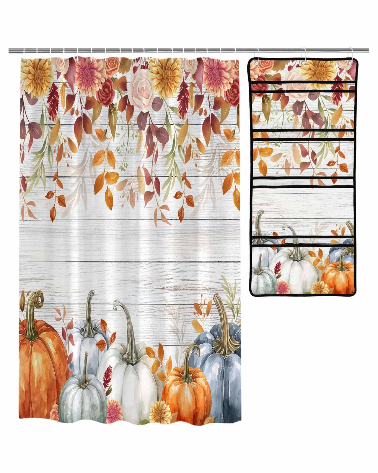 Decorative Shower Curtain Sets Fall Polyester Fabric Waterproof Bath Shower Curtains Floral Leaf Pumpkin Wooden Grain White Mesh