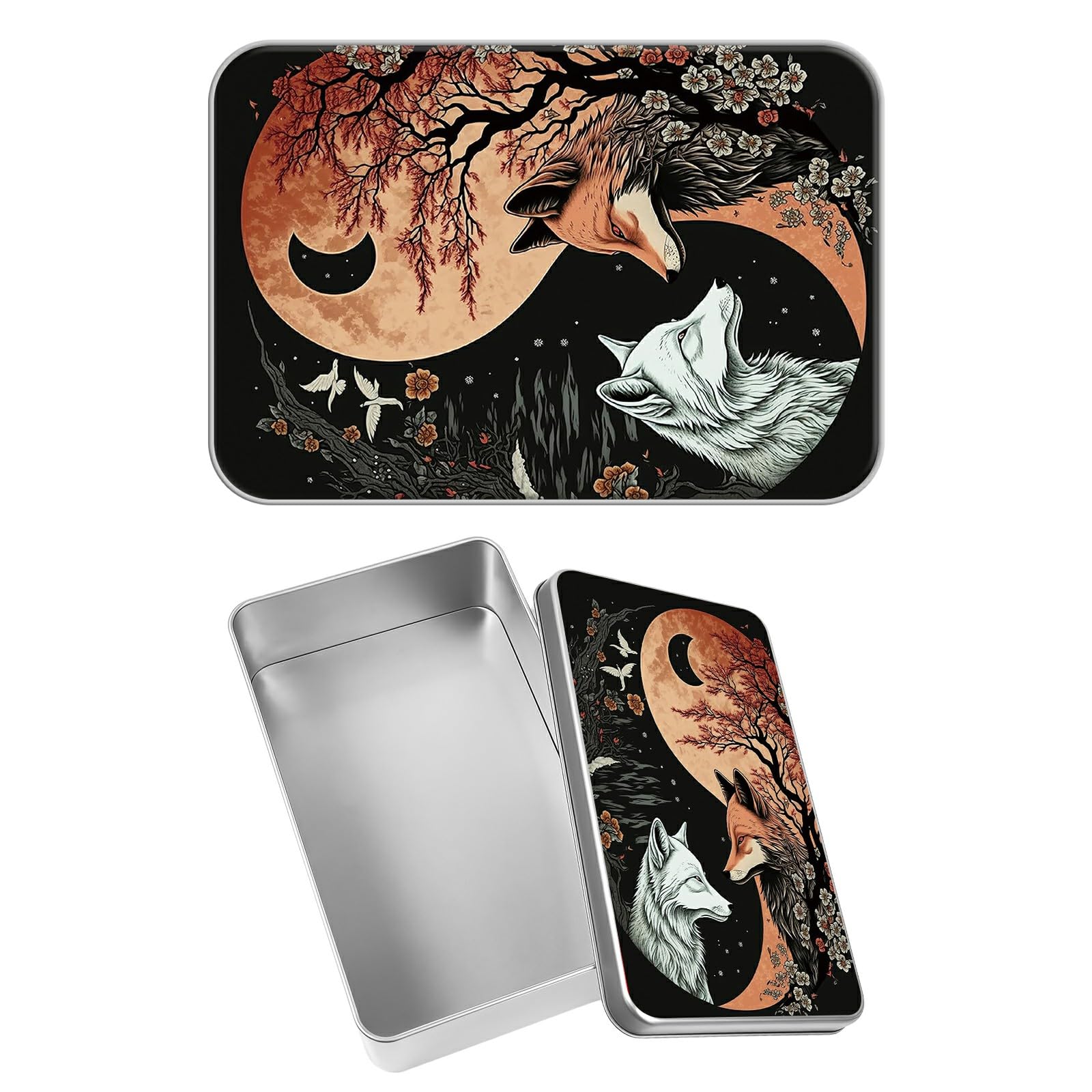 Rectangular Metal Tin Box with Removable Lid, Yin-yang Fox Decorative Printed Metal Storage Container for Sweets Jewelry Tea Candies Cakes 7 x 4.33 x 2.17 inch– Single Pack