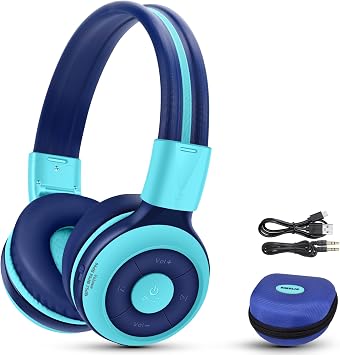 SIMOLIO Kids Bluetooth Headphones with Share Port, HD Mic for Toddler Boys | 75/85/94dB Volume Limiter, Foldable with Travel Case, 3.5mm Cord, Durable Wireless Headsets for School Plane Car iPad Tablet
