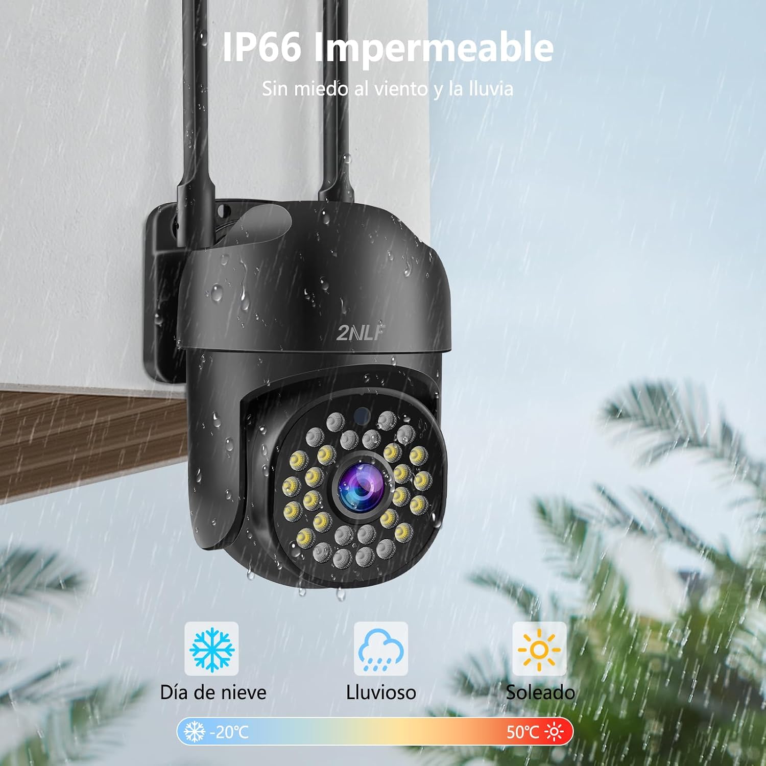 IP66 waterproof camera in rain, with snow, rainy, and sunny weather icons