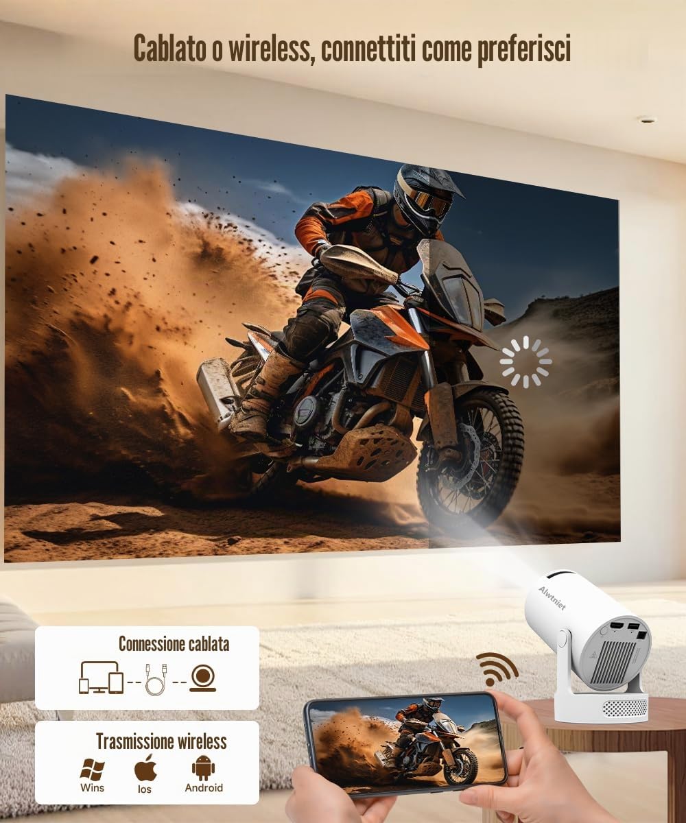2026 HY300Pro+ Mini Proiettore 4K con Wi-Fi 6 e Bluetooth 5.4, Altoparlante Soundbase da 5W, Correzione Trapezio Verticale Automatica, Rotazione a 180°, Proiettore Portatile per Casa e Esterno