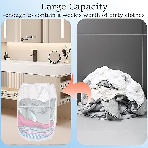 Miniatura 5 de Paquete de 2 cestas de malla desplegables para la lavandería, cestas plegables para ropa sucia, cestas de almacenamiento plegables con asas y