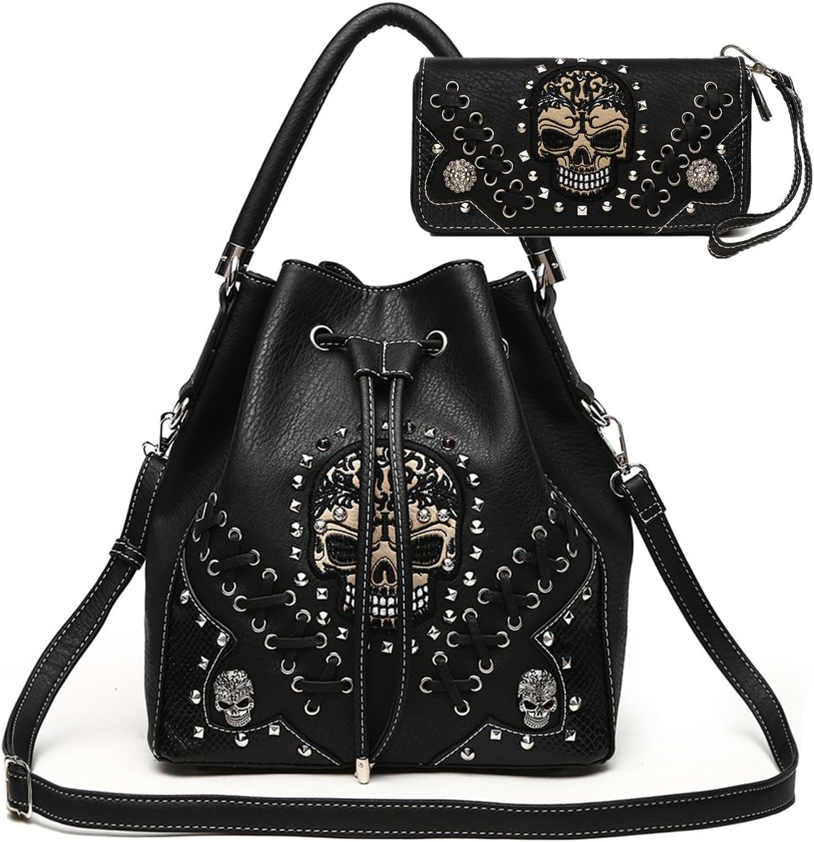 Punk Gothic Rock Metallic Skull Rivet Studded Skeleton Purse Women Sugar Skull Handbag Fashion Shoulder Bag Wallet Set