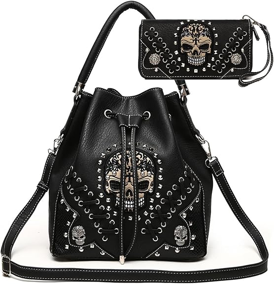 Punk Gothic Rock Metallic Skull Rivet Studded Skeleton Purse Sugar Skull Women Handbag Fashion Shoulder Bag Wallet Set