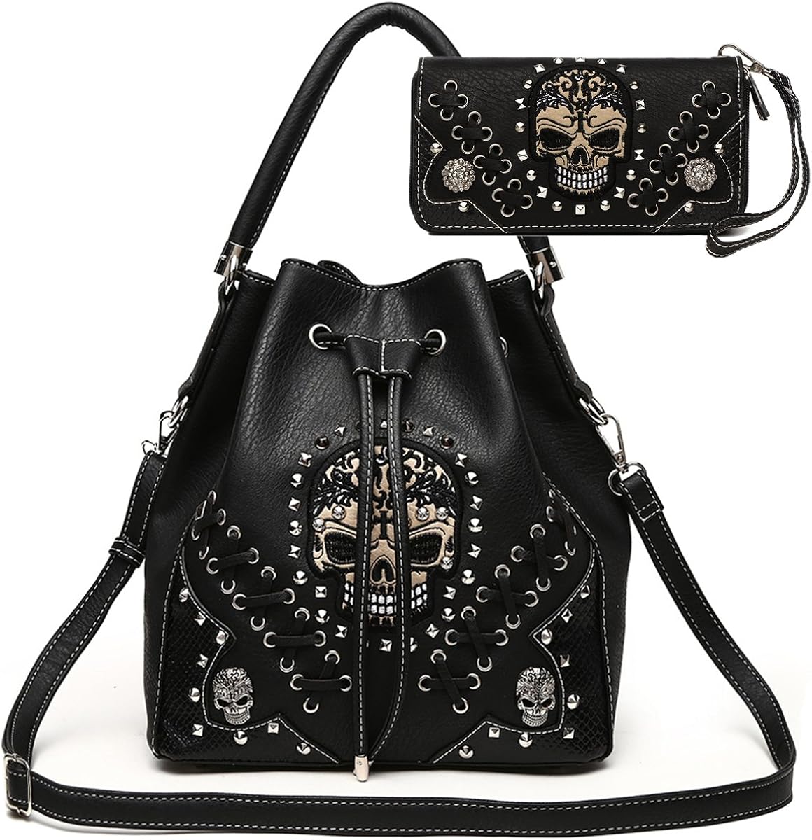 Punk Gothic Rock Metallic Skull Rivet Studded Skeleton Purse Women Sugar Skull Handbag Fashion Shoulder Bag Wallet Set