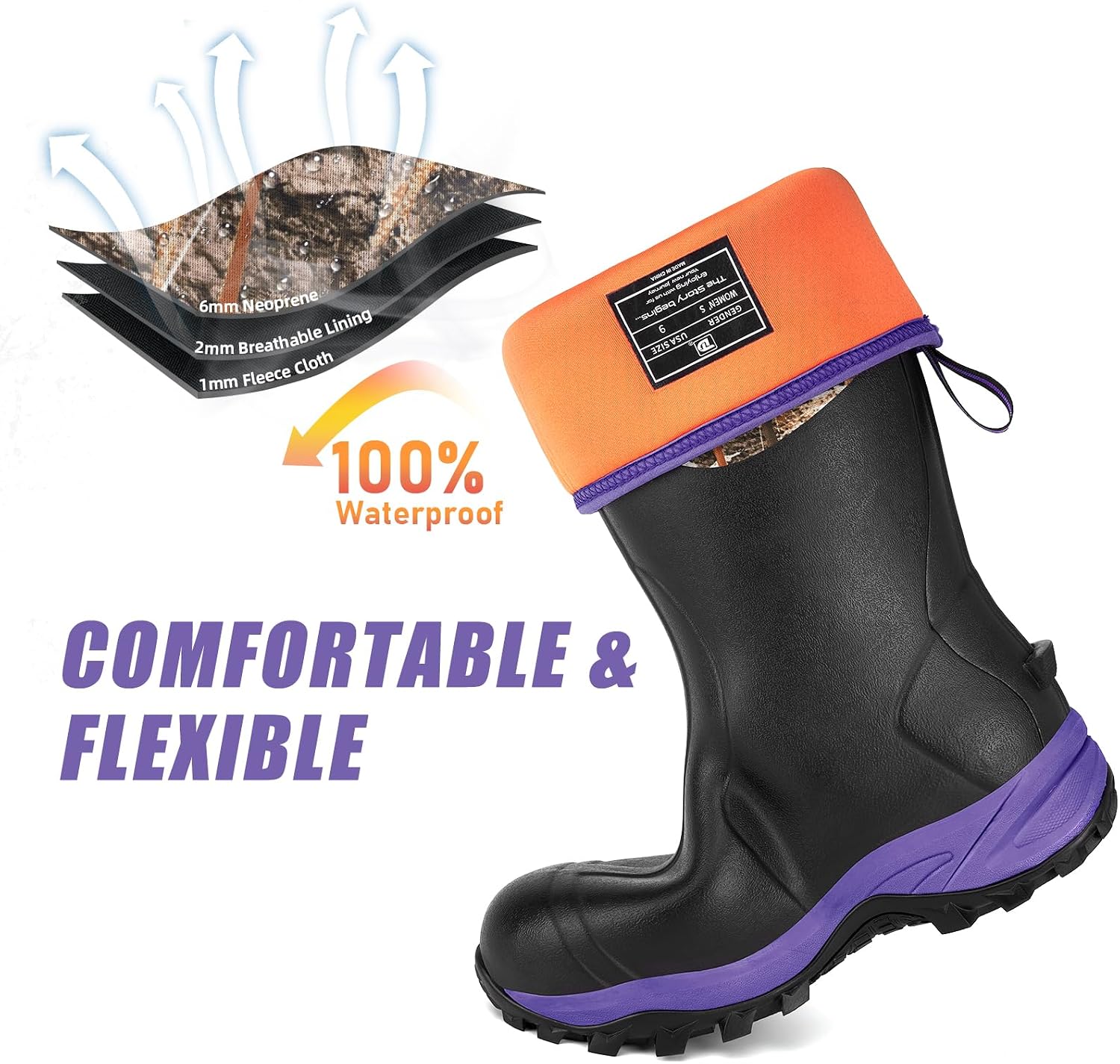 Trudave Rubber Boots for Women with Steel Shank, Waterproof Insulated Mud Rain Boots, 6mm Neoprene Anti-slip Outdoor Work Boots, Size 6-11