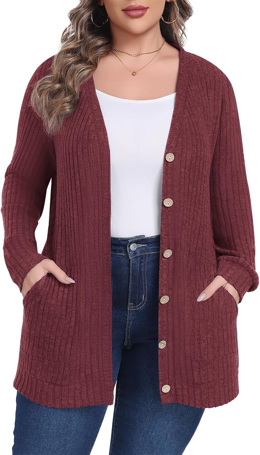 Lastshe Women's Plus Size Cardigan Sweaters Button Down Long Sleeve Fall Cardigans Knit Outwear with Pockets - Image 2