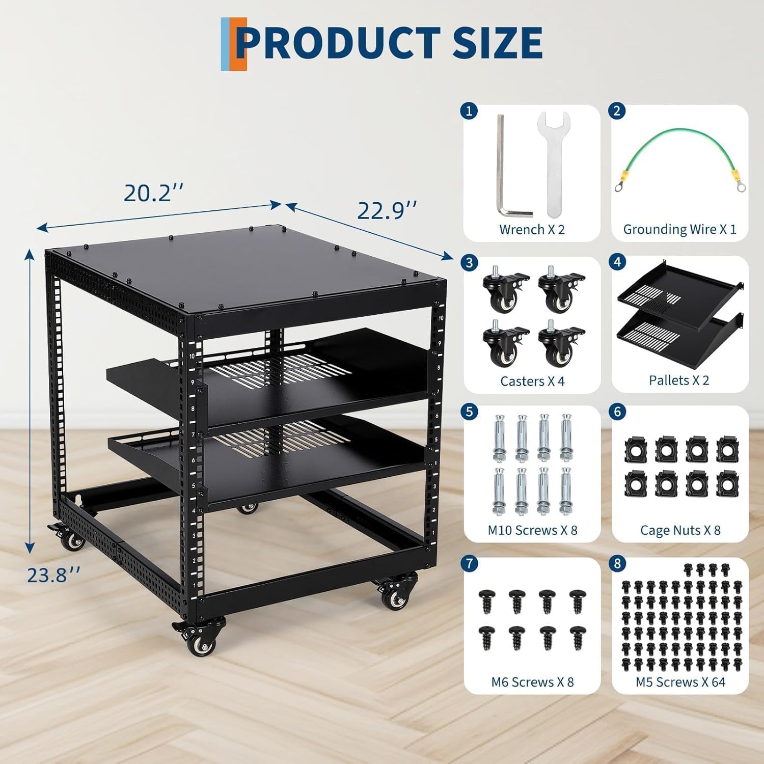 10U Open Network Rack, 2 Trays & Casters, Height Adjustable 22-40in Server Rack, Wall-Mount/Floor-Standing for Servers, Network & A/V Equipment