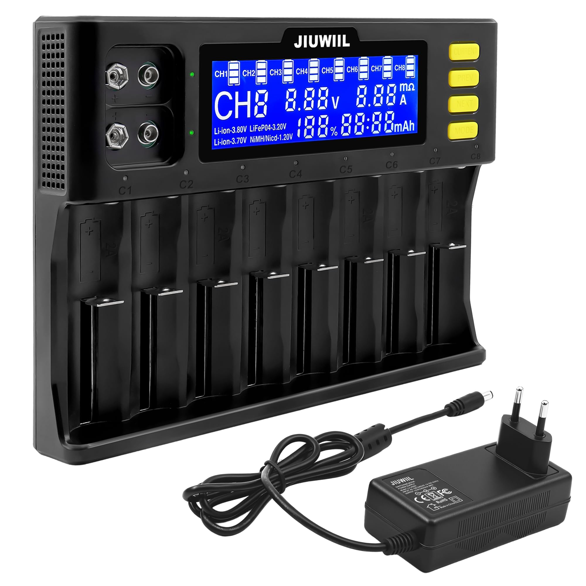 8+2 emplacements Chargeur de Batterie 18650 vec écran LCD | universel à chargement rapide pour batteries rechargeables Li-ion LiFePO4 RCR123 18650 26650 10440 14500 et 9V