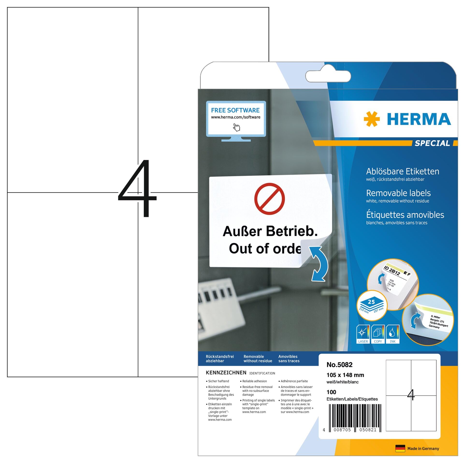 HERMA 5082 Removable labels A4 105x148 mm white Movables/removable paper matt 100 pcs.