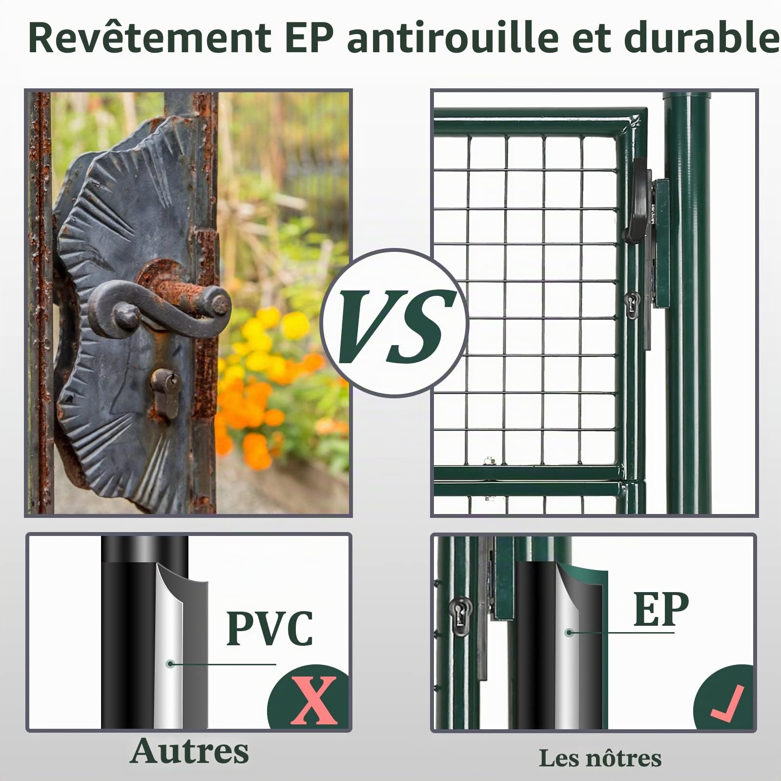 Gimisgu Porte de jardin 150x100cm Portail de clôture Porte de jardin en acier galvanisé avec poignée, serrure et 3 clés. Robuste et durable. Portail de cour pour clôture en grillage. Porte d’entrée