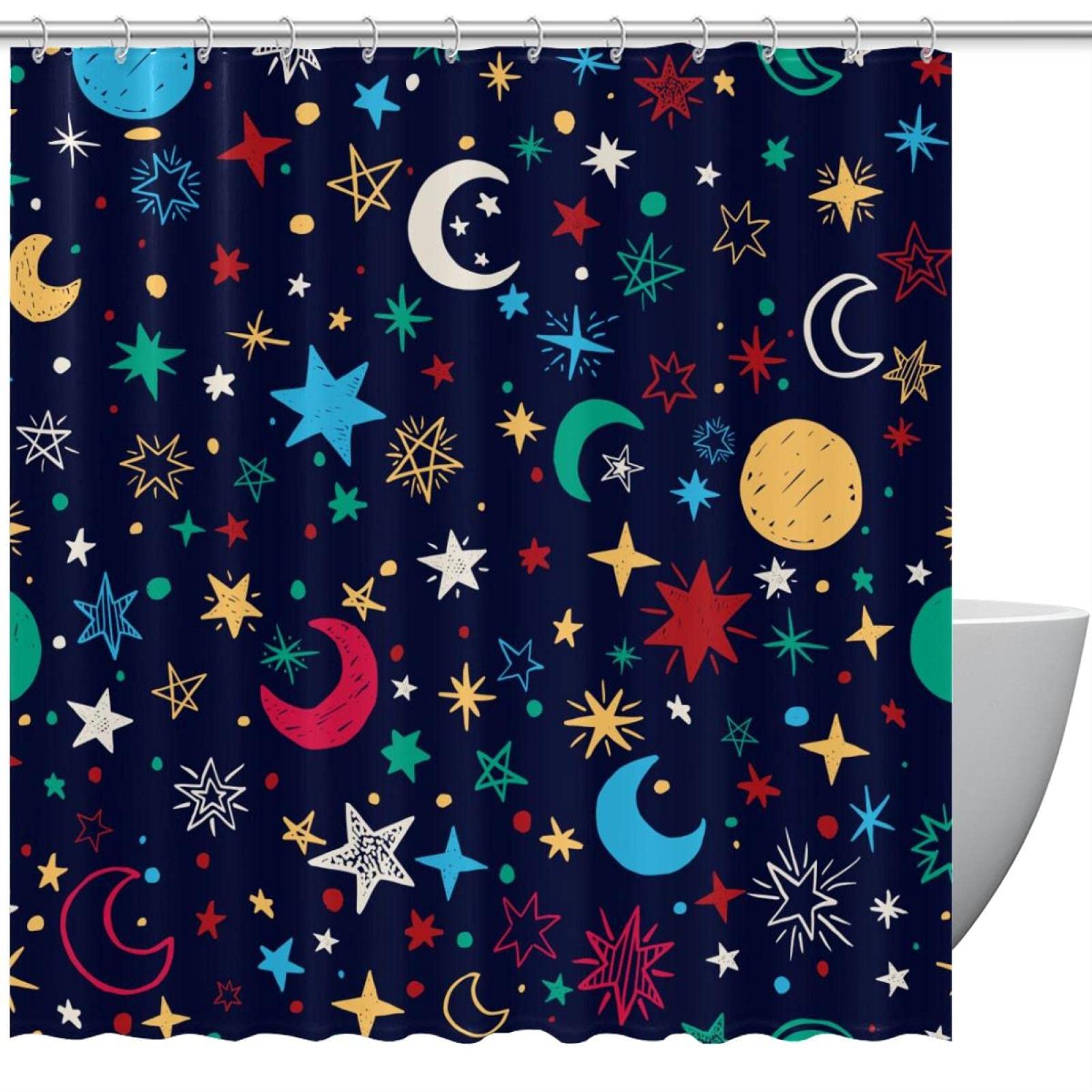 Rideau de douche imperméable anti-fuite d'eau motif lune étoile bleu marine avec crochets inclus