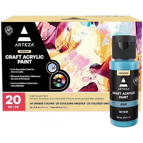 ARTEZA Craft Acrylic Paint, 2 ounce Bottles, Water-Based, Matte Finish Paints, Art Supplies for Glass, Wood, Ceramics, Fabrics, Leather, Paper