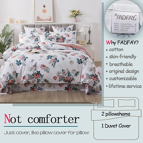 Miniatura 2 de FADFAY Juego de funda de edredón tamaño individual, 100% algodón, 600 hilos, estampado de flores rosas rosas, color blanco, reversible, con