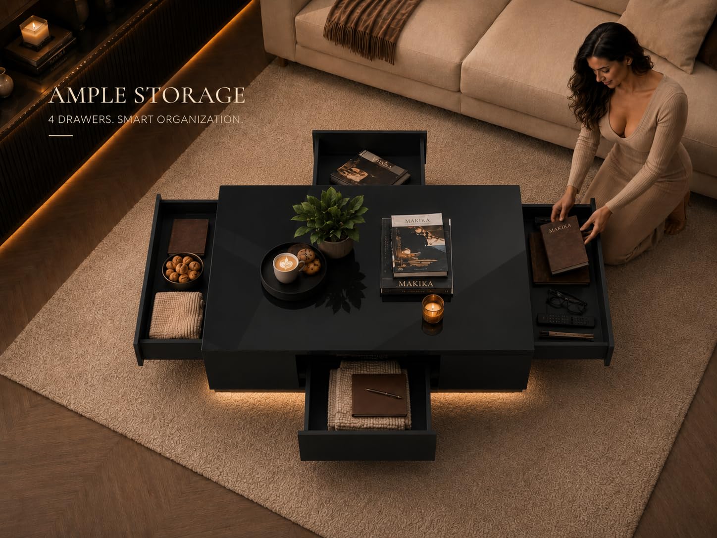 LED Couchtisch Wohnzimmertisch Sofatisch Kaffeetisch Beistelltisch - mit Ablage und Schubladen - Fernsehtisch aus Holz Wohnzimmer Möbel Tisch Kommode Fernseher Design - Schwarz Hochglanz
