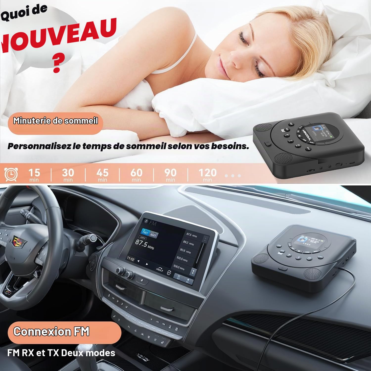 Lecteur CD Portable avec Affichage TFT, Bluetooth, Timer de Sommeil, Radio
