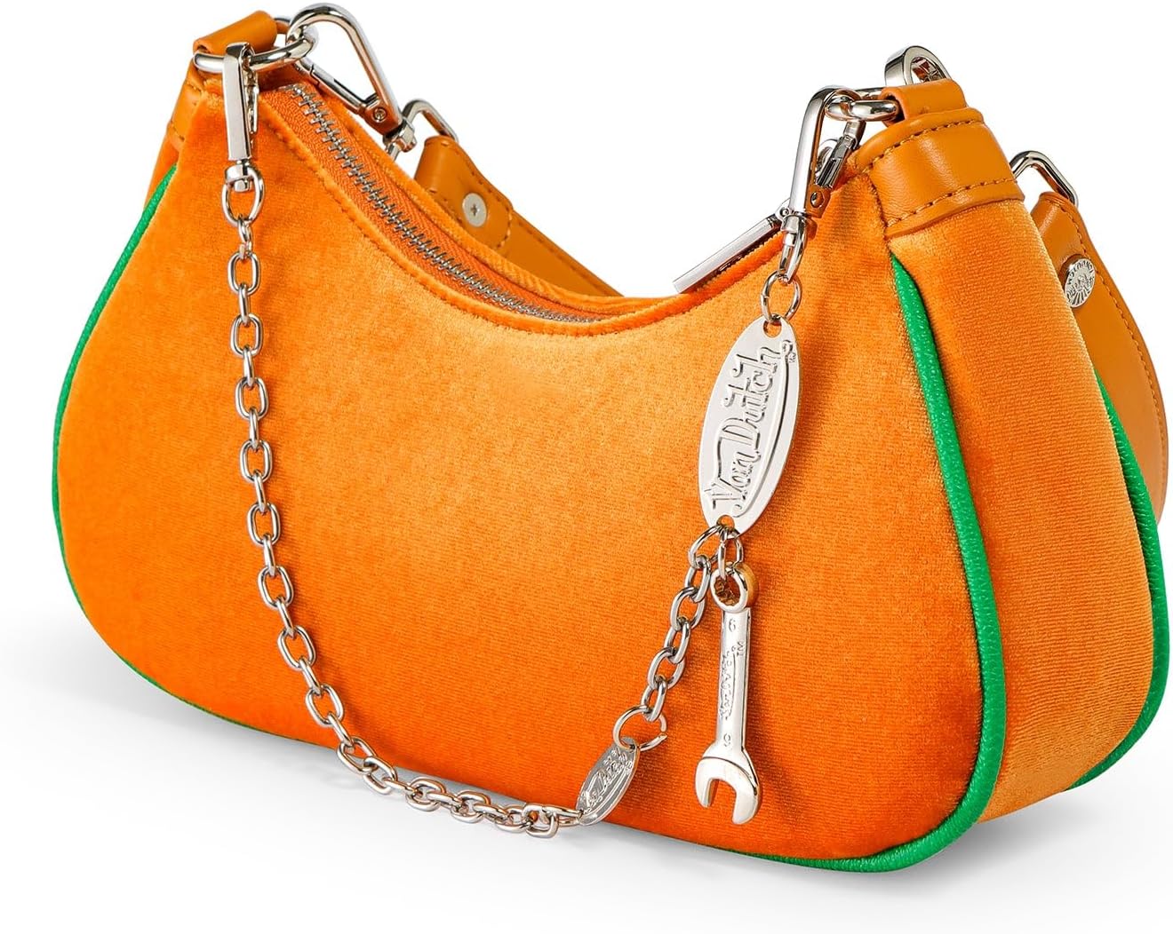 Von Dutch Purse Shoulder Bag, Velvet Handbag Rhinestone Logo and Silver Chain with Wrench