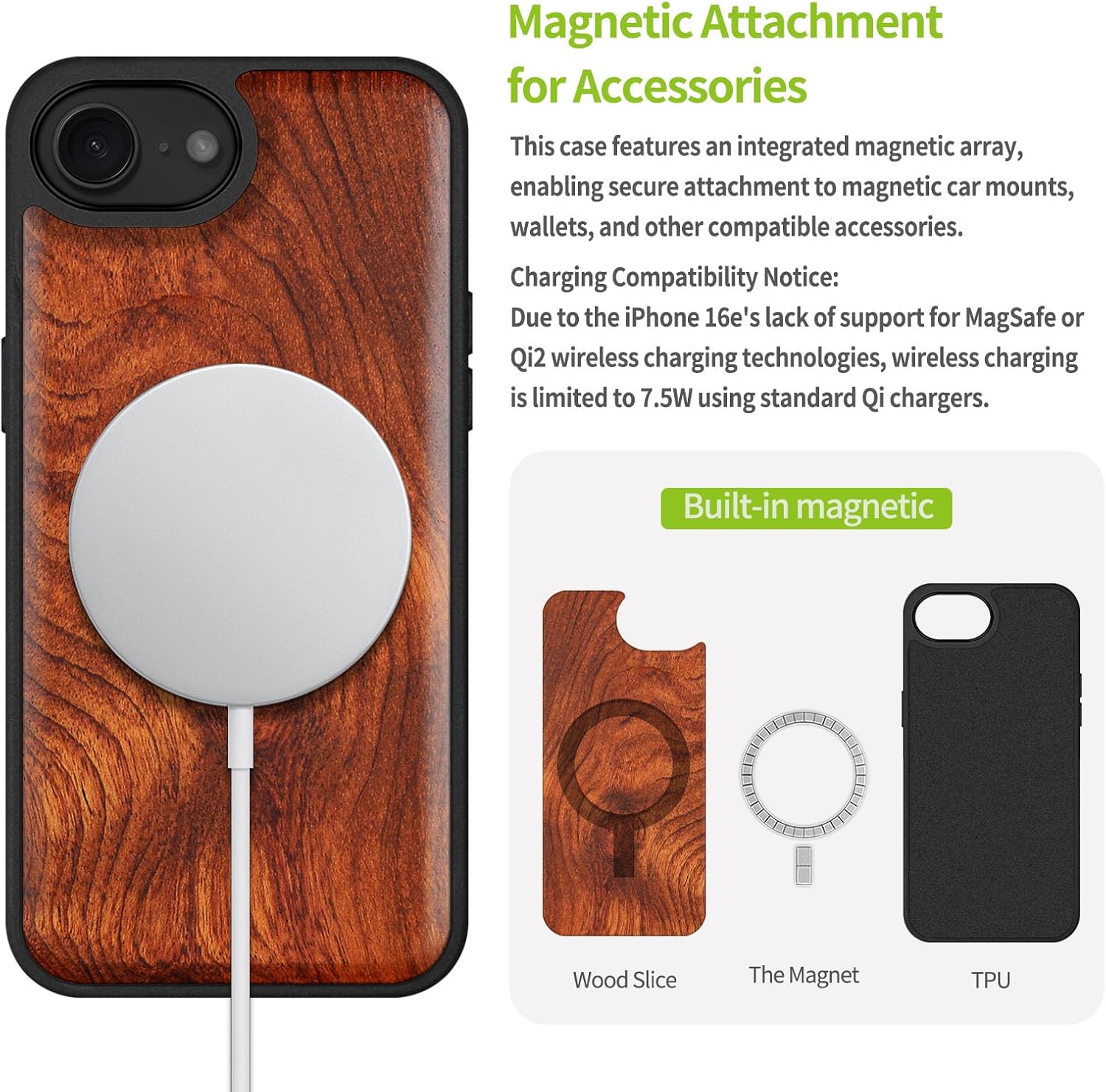 Carveit Magnetic Wooden Case for iPhone 16e / 17e, Solid Wood & Black TPU, Artisan Engraved Design, Shockproof Cover, Compatible with MagSafe Wireless Chargers, Natural Grain Rosy