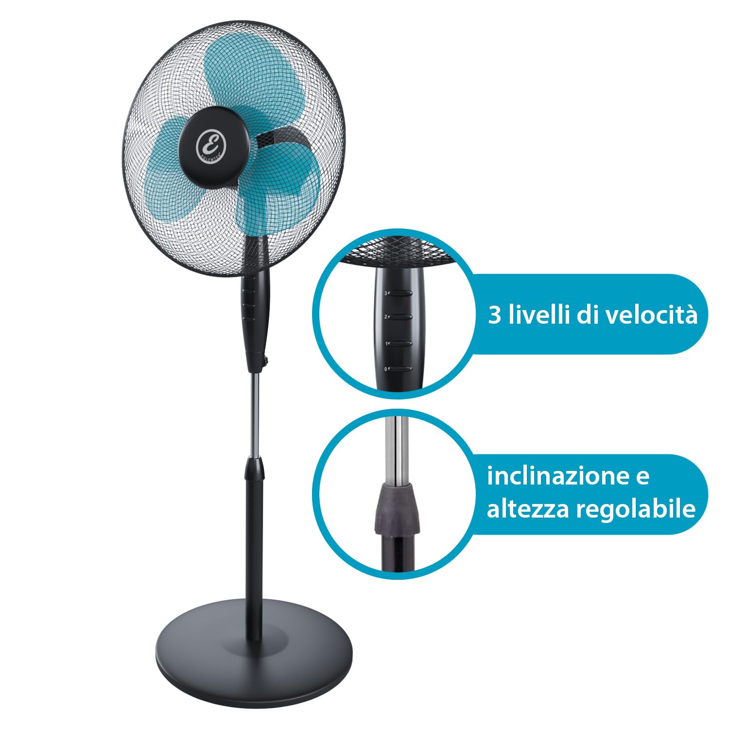 Bricozone Ventilatore a Piantana per Pavimento Potente da 50W con Pale da 40 cm Silenzioso Colore Nero e Azzurro 3 Velocità Oscillante Altezza e Inclinazione Regolabili Griglia di Protezione