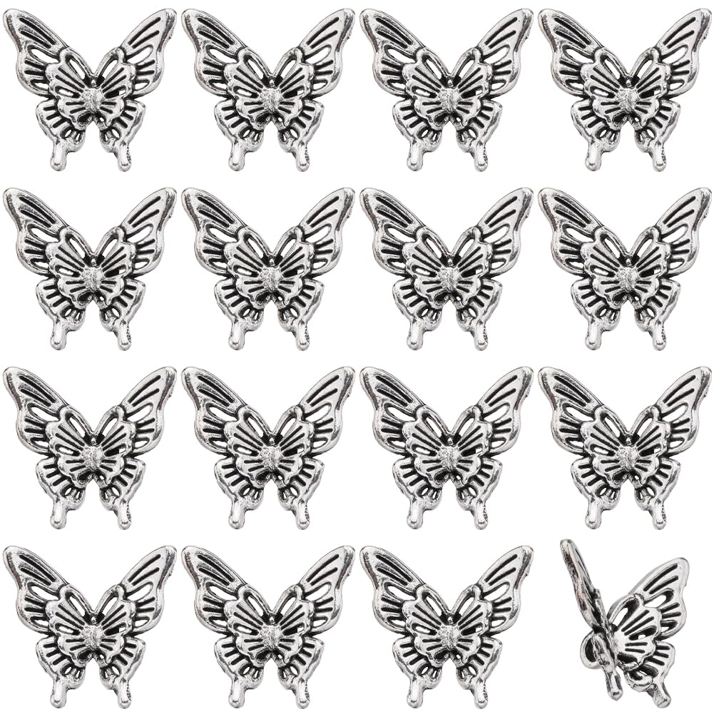 SUNNYCLUE 120Pcs Small Butterfly Metal Beads, Antique Silver Tebitan Styles