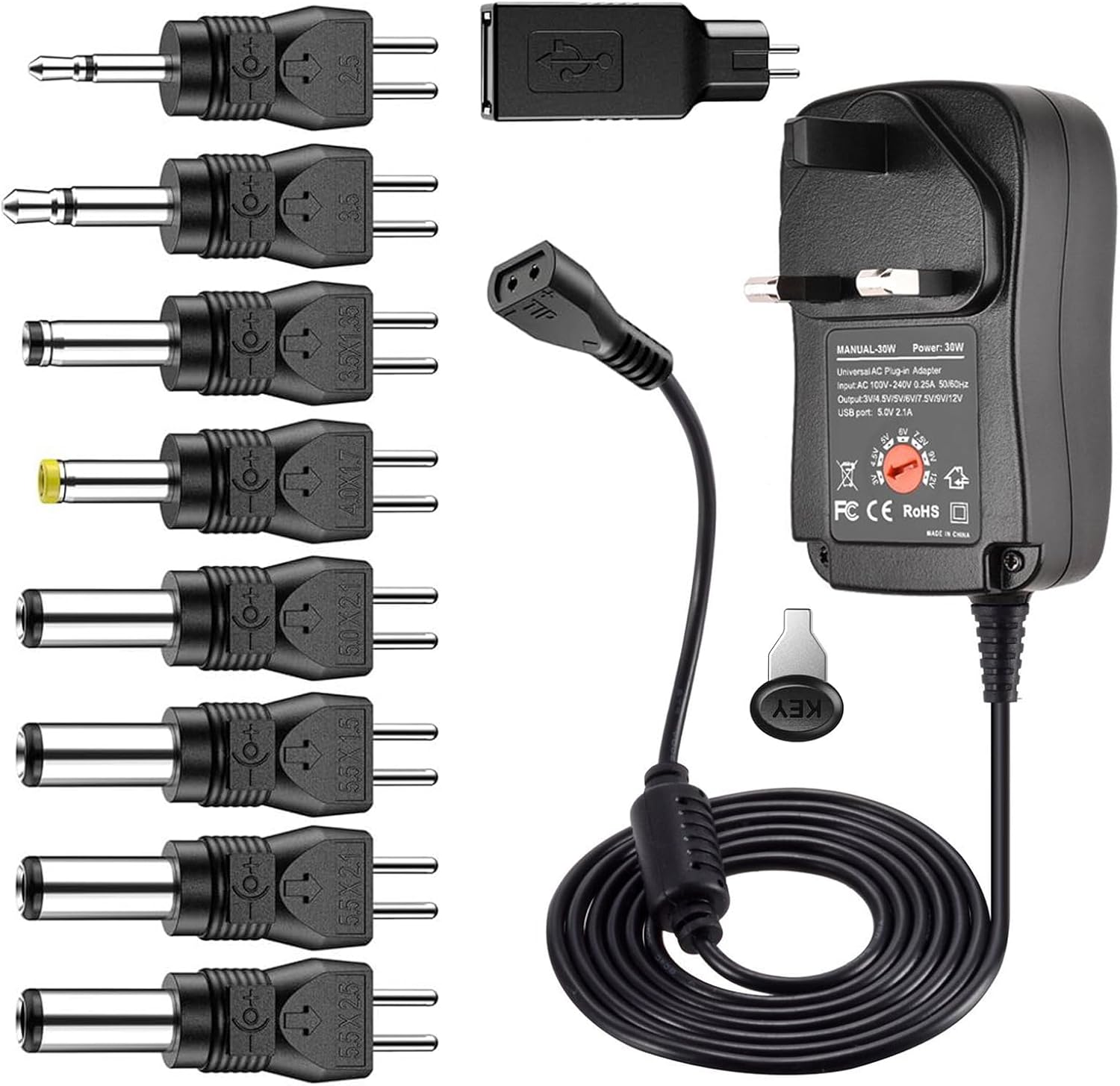 Multi Voltage Power Adapter, Reversible Polarity 30W Universal 3V 4.5V
