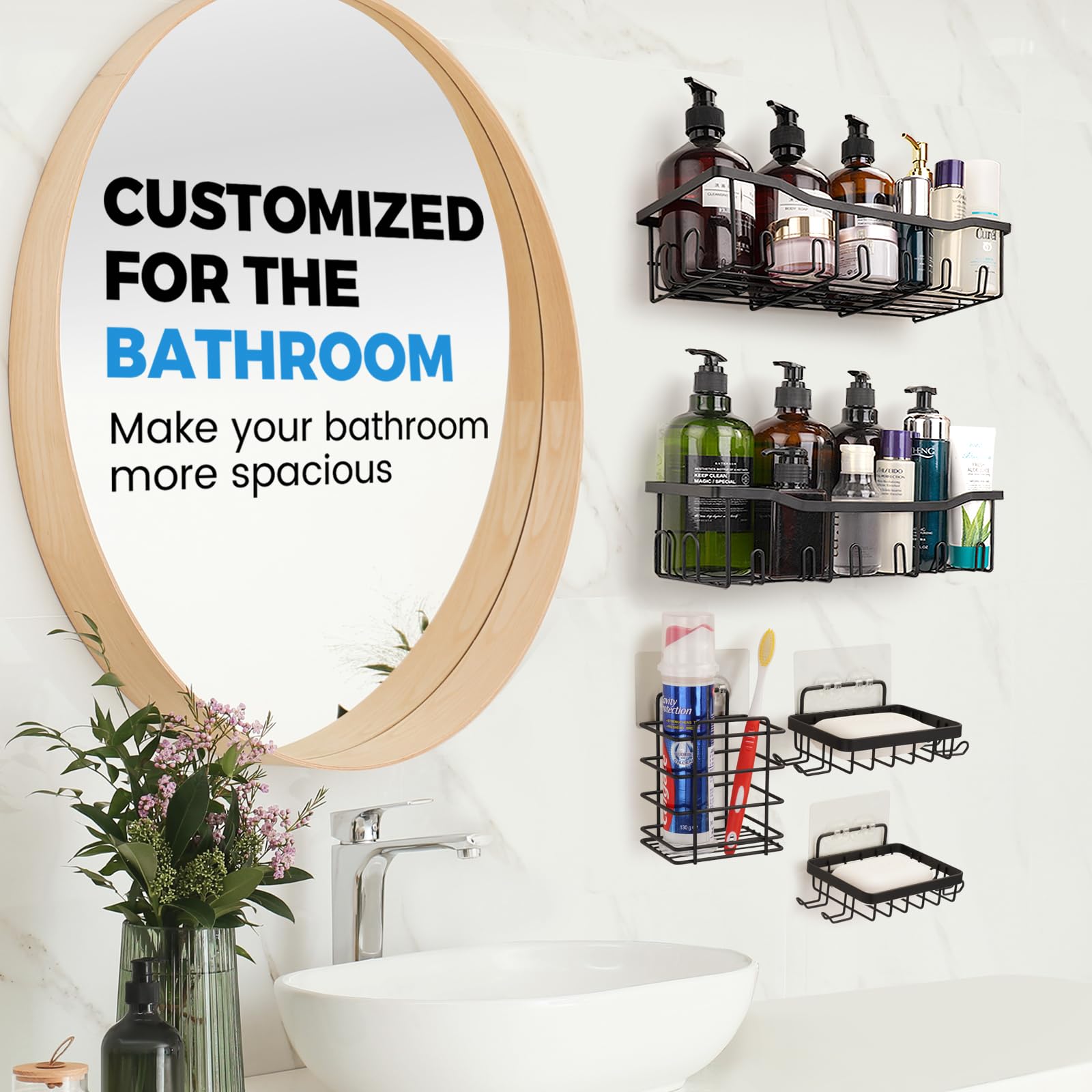 Kitims Shower Caddy 5 Pack, Hanging Home Decor Kitchen Self Adhesive Black Bathroom Organizers and Storage, Shower Shelves