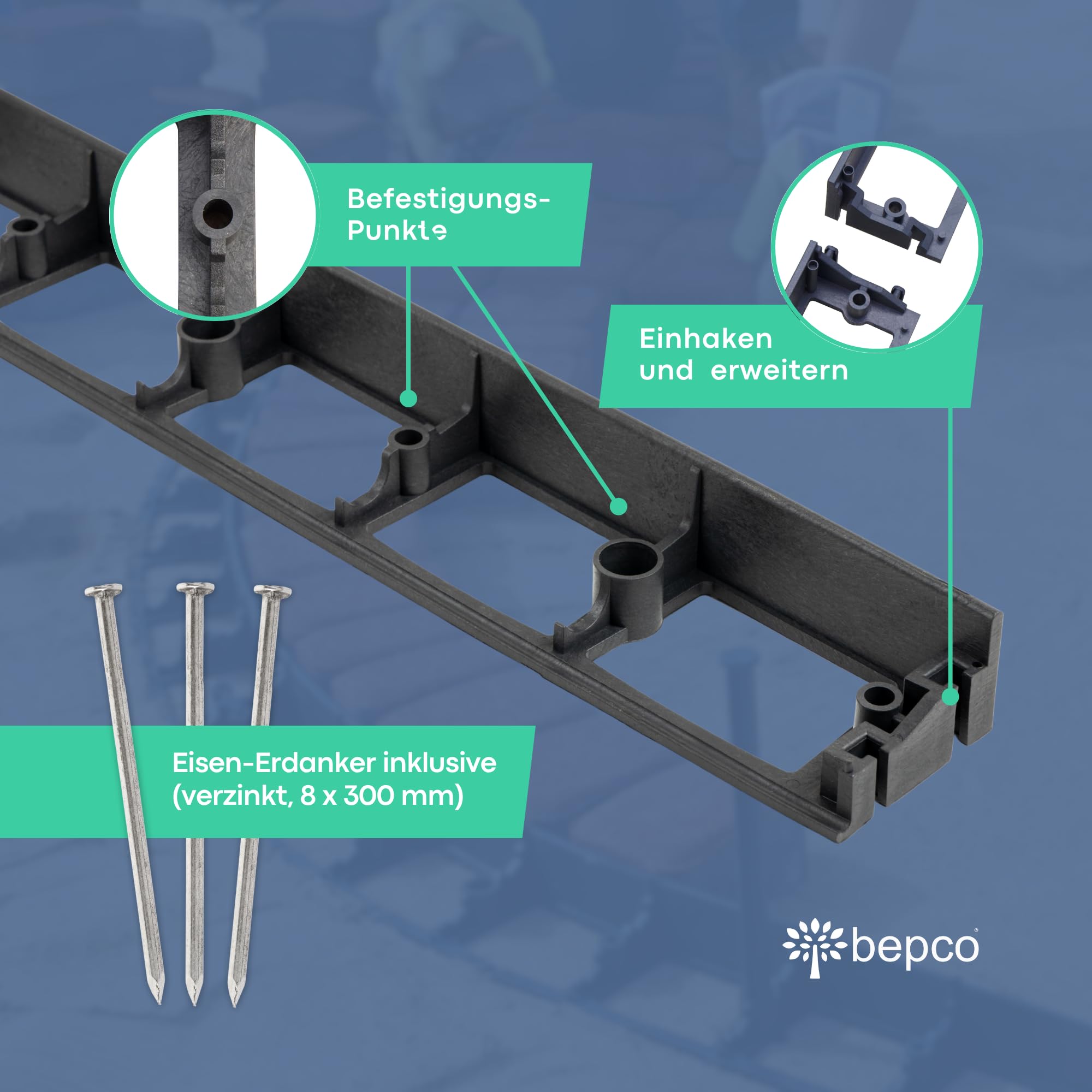 bepco Rasenkante - Pflasterkante 10er Set (LxH: 100 x 4,5 cm) - Flexible & Robustes Gartenabgrenzung für Rasen, Beet und Pflaster aus recyceltem Kunststoff, mit 30x Stahl-Erdanker (verzinkt)