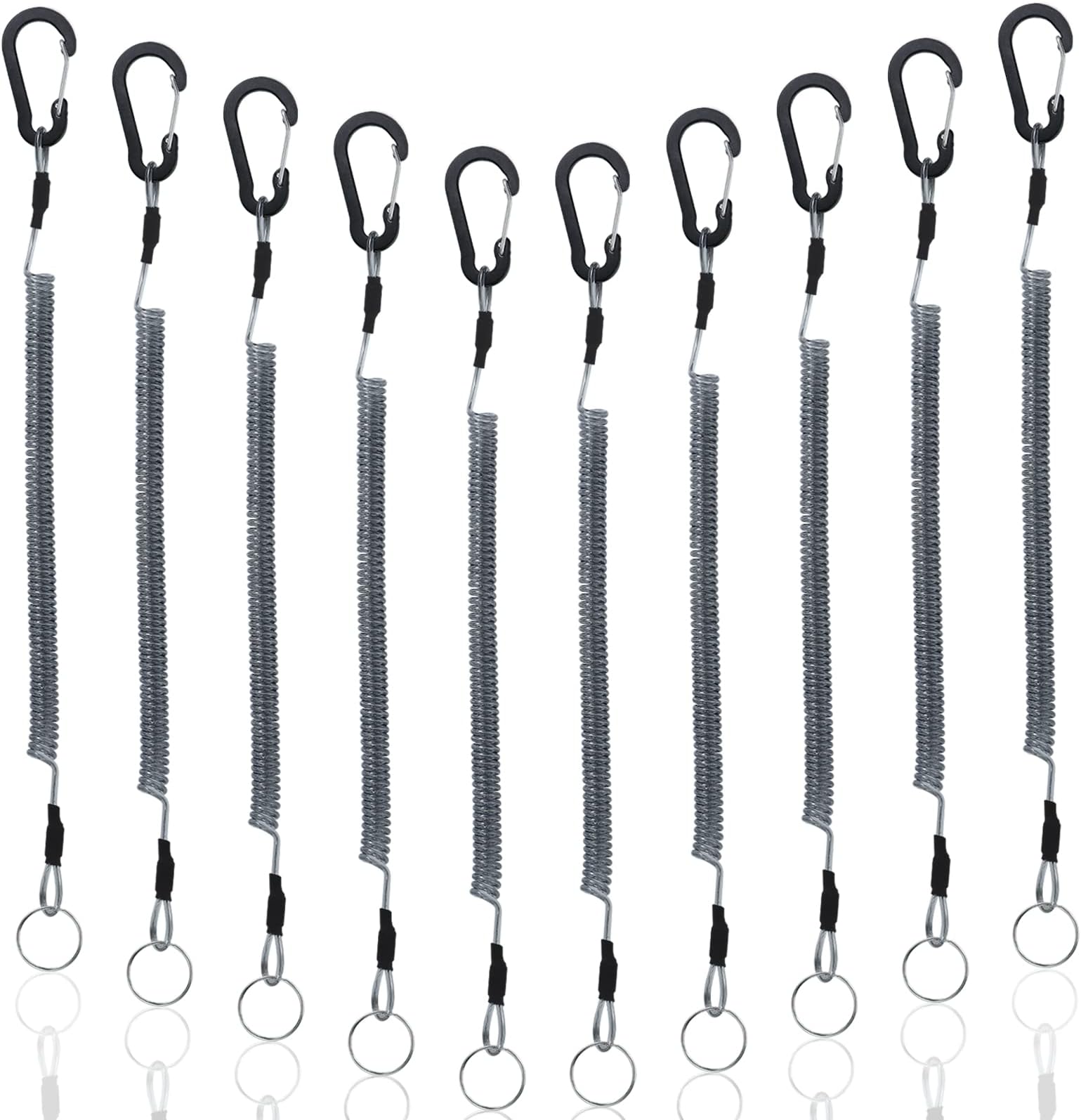 Fishing Lanyard (10Pcs) Retractable Safety Coiled Tether with Carabiner and Split Ring for Pliers, Boating, Tools(Black)