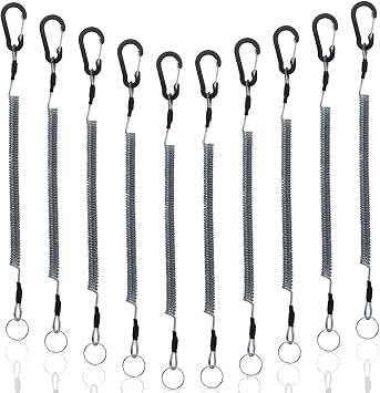 Fishing Lanyard 10Pcs Retractable Safety Coiled Tether with Carabiner and Split Ring for Pliers, Boating, ToolsBlack