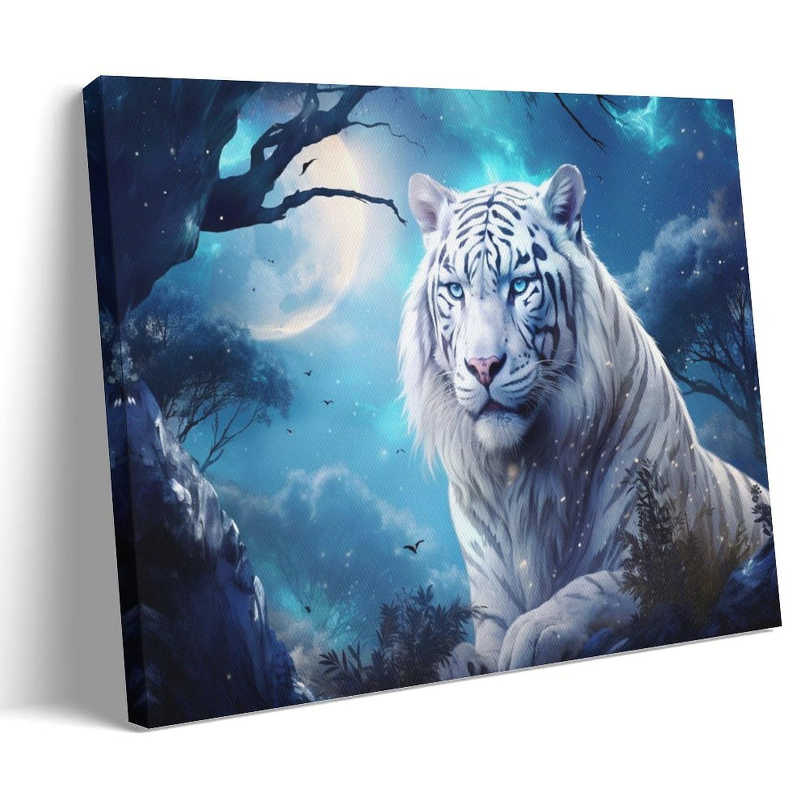 Gmukiffy Moon White Tiger Painting On Canvas Wall Art Fantasy Wild Animals Forest Stretched And Framed Canvas Prints Artwork For Home Decorations Ready To Hang Wall Decor 12X18inch(30X45cm)