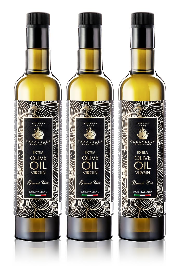 Caravella Fine Food - Paquete x 3 - Aceite de oliva virgen extra Grand Cru Olio EVOO Extravergine 500 ml x3-100% italiano - Colección gourmet, extracción en frío, alto contenido antioxidantes