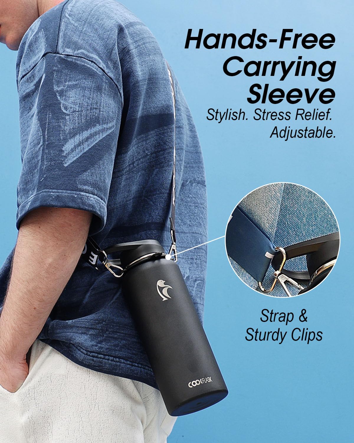 Coolflask - Borraccia da 1,1 l con cinghia, borraccia in metallo isolata con coperchi con cannuccia e beccuccio, acciaio inossidabile a doppia parete sotto vuoto, mantiene la bevanda fredda per 48 ore