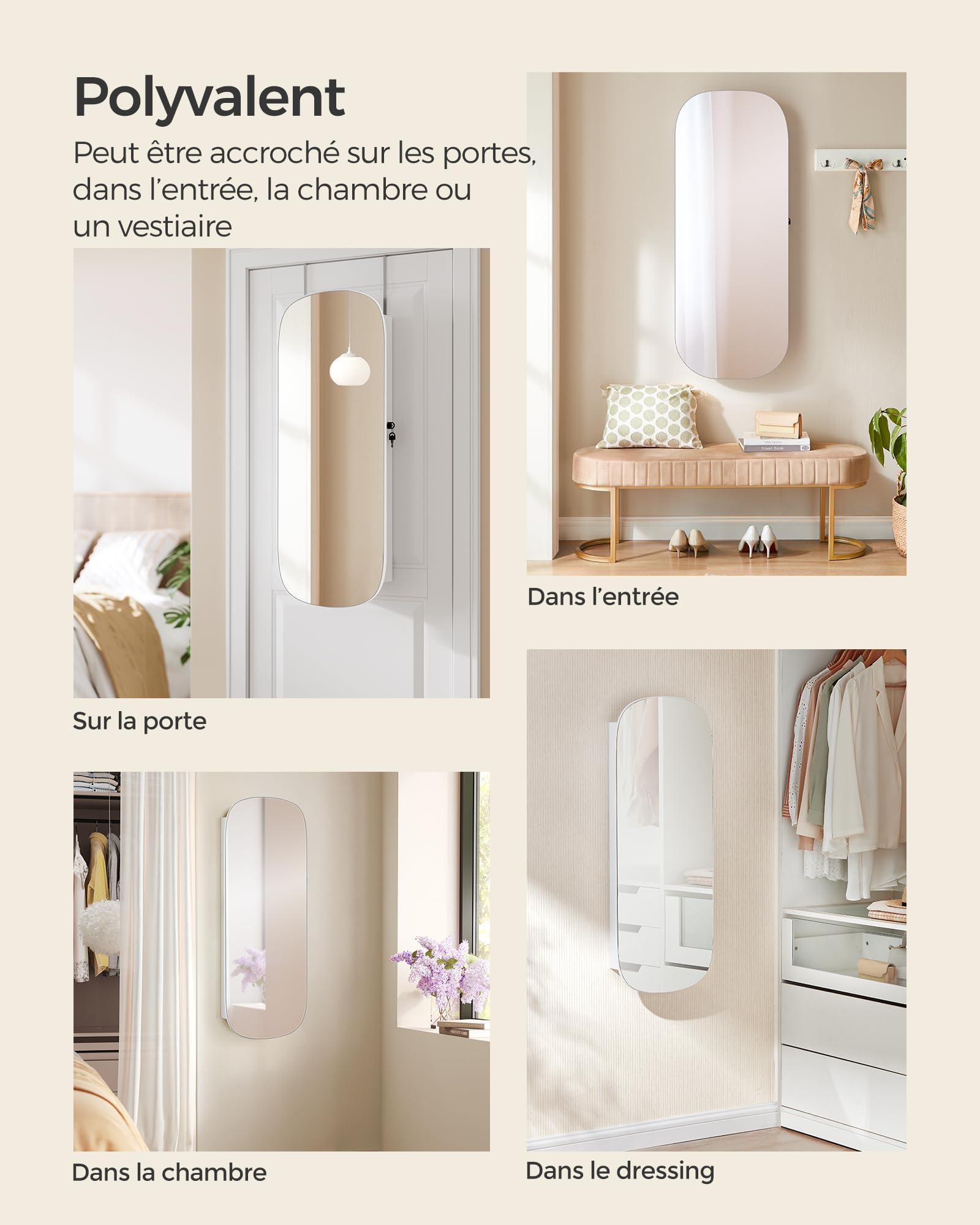 SONGMICS Armoire à Bijoux, Miroir Mural avec LED et Serrure, Miroir Psyché avec Plusieurs Compartiments, pour Boucles d’Oreilles, Colliers, Surface Blanche et Doublure Grise Beige JJC026W01